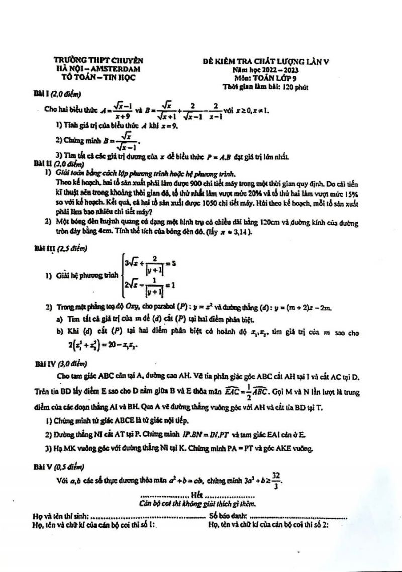 Đề kiểm tra chất lượng lần V môn Toán lớp 9 Trường THPT CHUYÊN Hà Nội - Amsterdam năm 2023