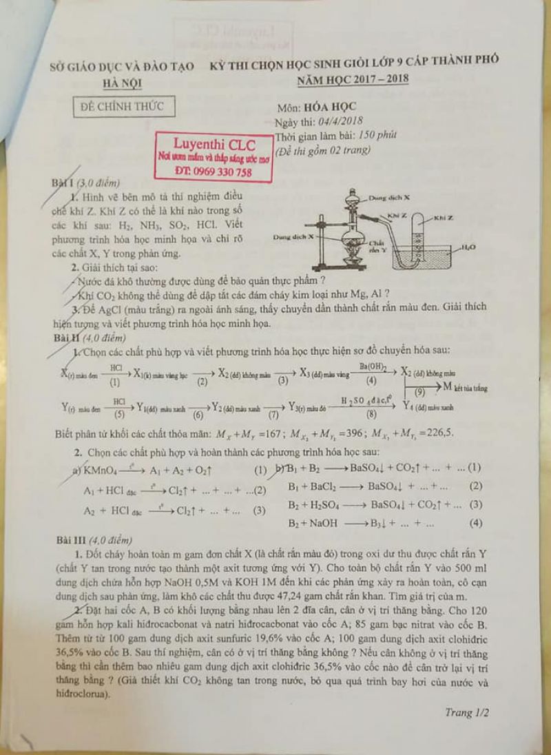 Đề thi chọn HSG lớp 9 cấp thành phố môn Hóa Học tại Hà Nội năm 2018