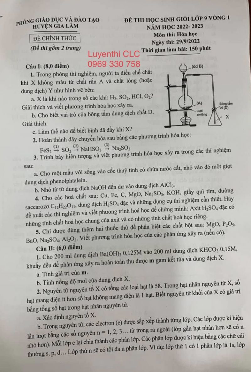 Đề thi chọn HSG m&ocirc;n H&oacute;a Học lớp 9 v&ograve;ng 1 huyện Gia L&acirc;m, H&agrave; Nội năm 2022