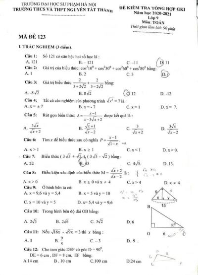 Đề kiểm tra tổng hợp giữa kì I môn Toán lớp 9 Trường THCS Nguyễn Tất Thành năm 2020