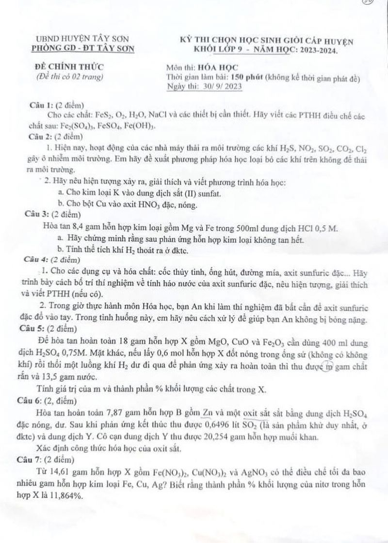 Đề thi chọn HSG môn Hóa Học lớp 9 huyện Tây Sơn tỉnh Bình Định năm 2023