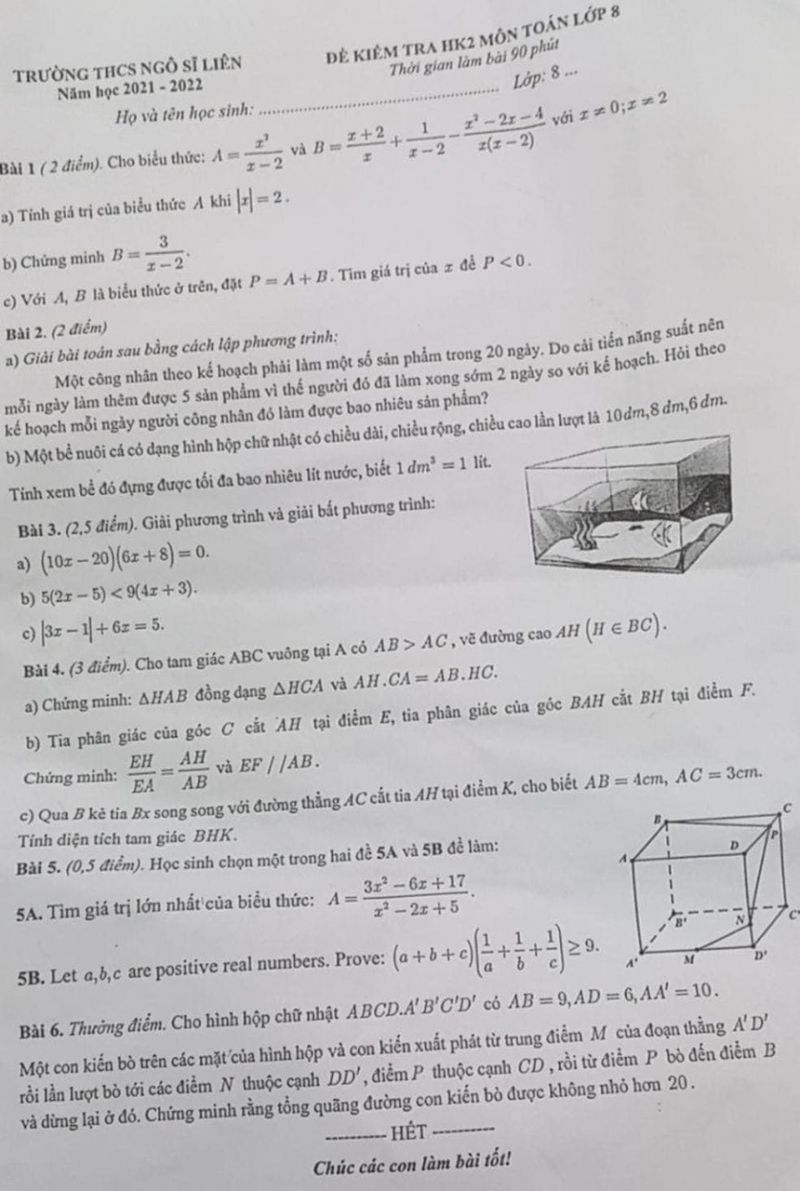 Đề kiểm tra học kì 2 môn Toán lớp 8 Trường THCS Ngô Sĩ Liên năm 2022