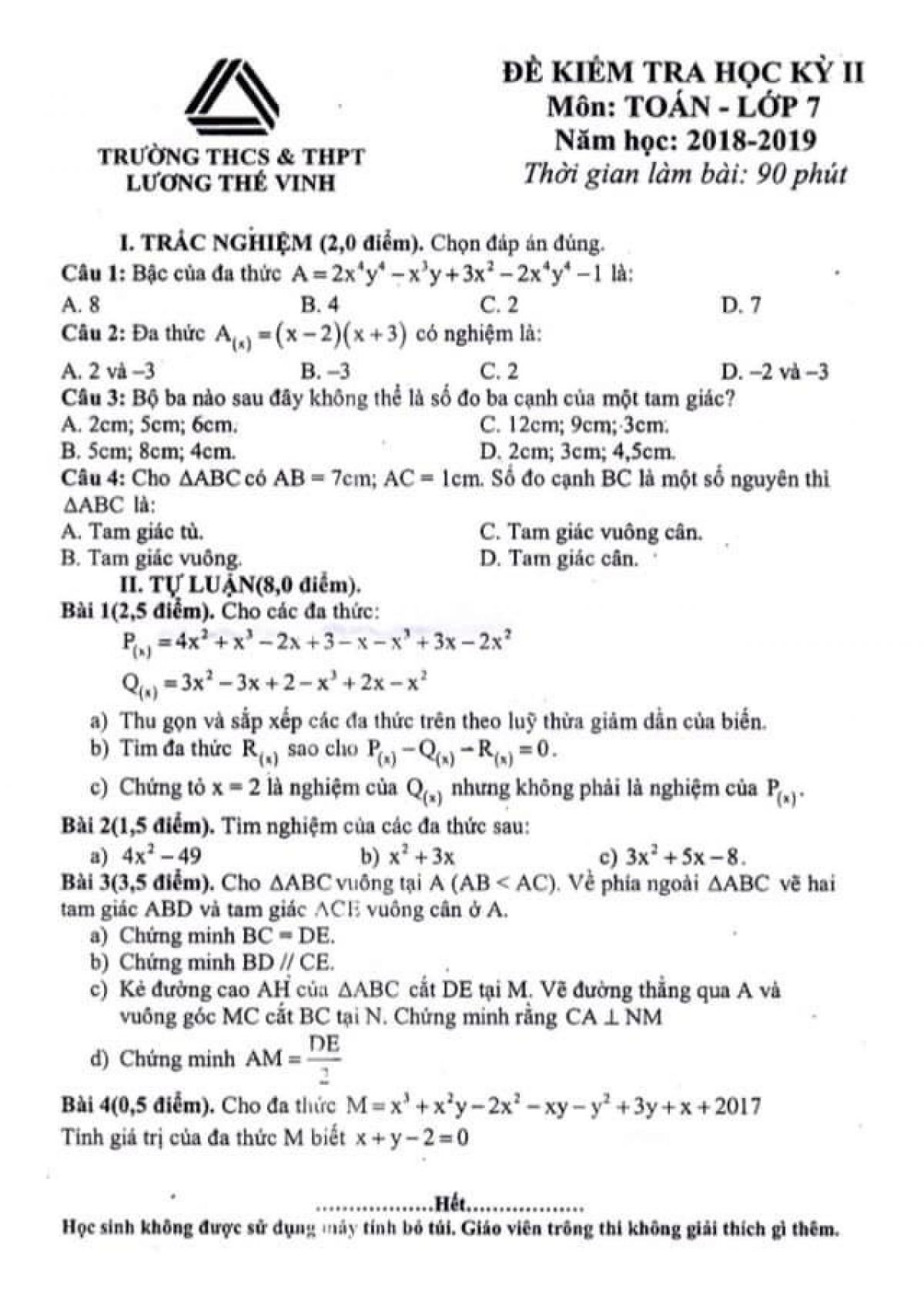 Đề kiểm tra học kì II môn Toán lớp 7 Trường THCS &amp; THPT Lương Thế Vinh, Hà  Nội năm 2018