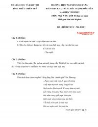 Đề kiểm tra khảo s&aacute;t chất lượng đầu năm m&ocirc;n Ngữ Văn lớp 10 Trường THPT Nguyễn Sinh Cung, Thừa Thi&ecirc;n Huế năm 2012