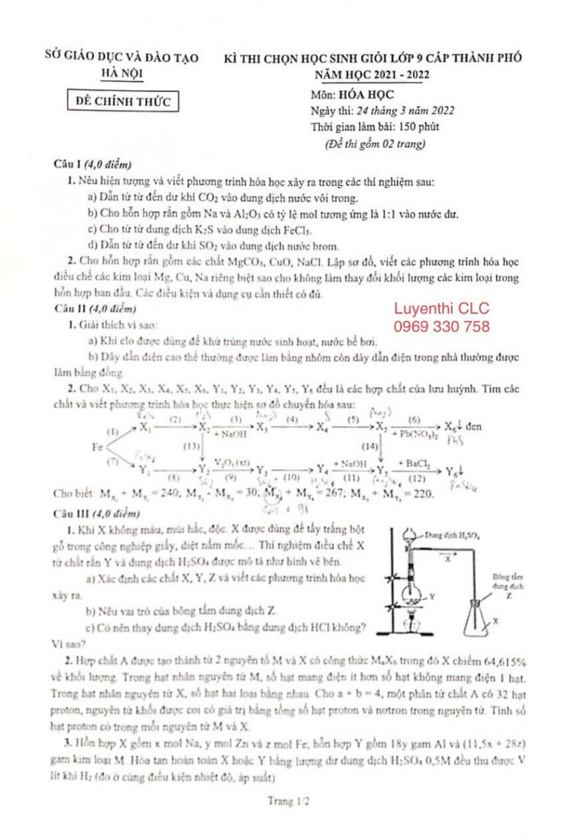 Đề thi chọn HSG môn Hóa Học lớp 9 tại Hà Nội năm 2022