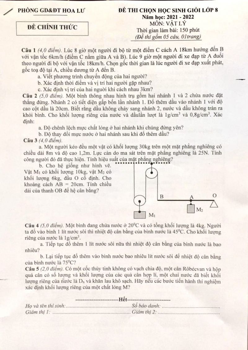 Đề thi chọn HSG môn Vật Lí lớp 8 huyện Hoa Lư tỉnh Ninh Bình năm 2022