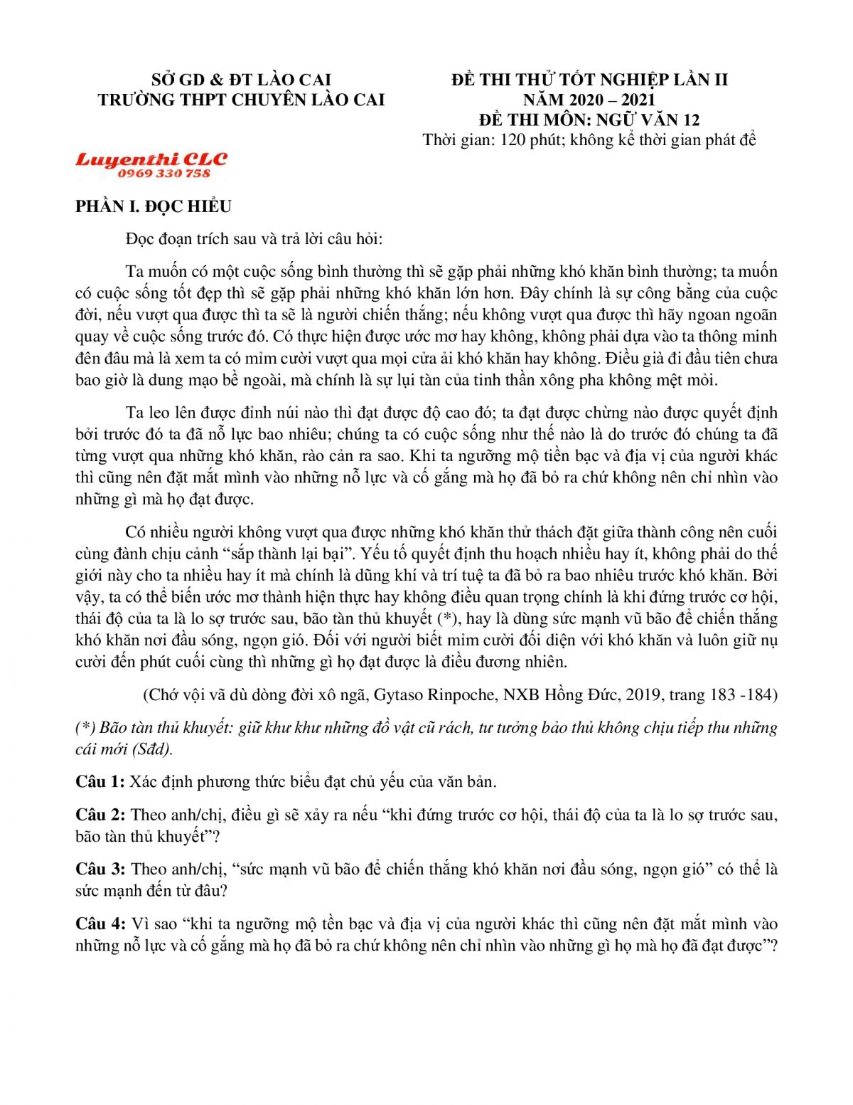 Đề thi thử tốt nghiệp THPT m&ocirc;n Ngữ Văn lần 2 Trường THPT CHUY&Ecirc;N L&agrave;o Cai, tỉnh L&agrave;o Cai năm 2021
