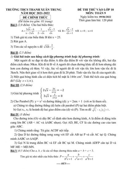 Đề thi thử vào lớp 10 THPT môn Toán Trường THCS Thanh Xuân Trung năm 2022