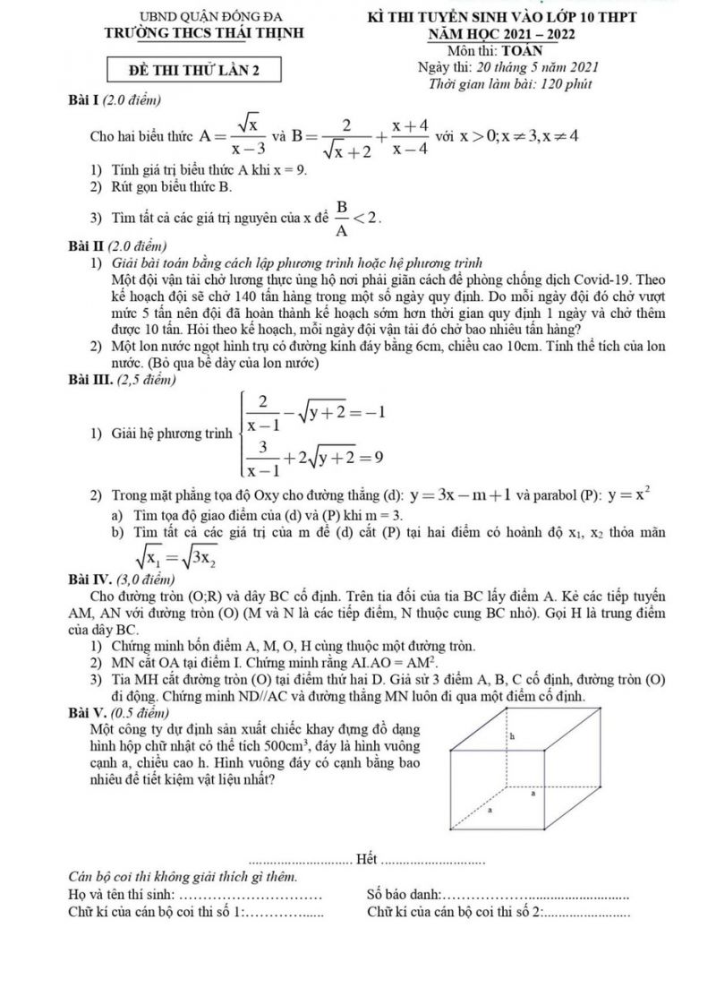 Đề thi thử v&agrave;o lớp 10 THPT v&agrave; đ&aacute;p &aacute;n m&ocirc;n To&aacute;n Trường THCS Th&aacute;i Thịnh, quận Đống Đa, H&agrave; Nội năm 2021