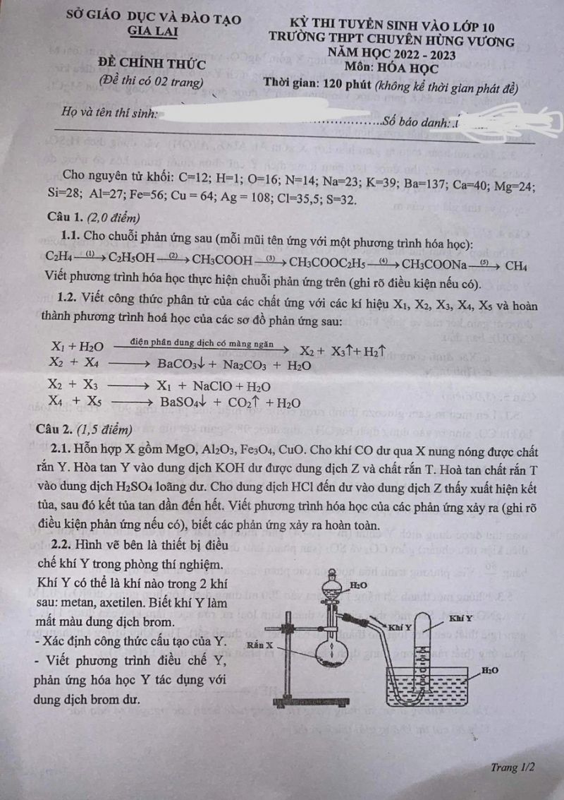 Đề thi tuyển sinh vào lớp 10 môn Hóa Học Trường THPT CHUYÊN Hùng Vương tỉnh Gia Lai năm 2022