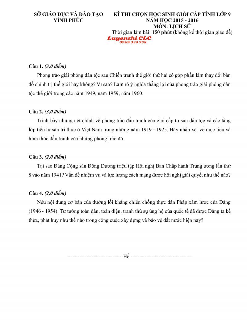 Đề thi chọn HSG m&ocirc;n Lịch Sử lớp 9 tỉnh Vĩnh Ph&uacute;c năm 2015