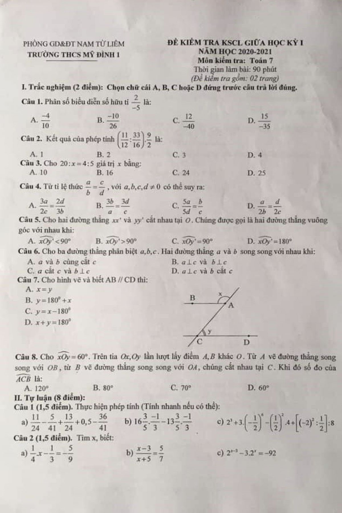 Đề kiểm tra KSCL giữa học kì I môn Toán lớp 7 Trường THCS Mỹ Đình 1, Nam Từ Liêm, Hà Nội năm 2020