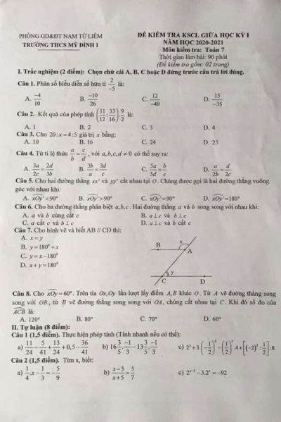 Đề kiểm tra KSCL giữa học kì I môn Toán lớp 7 Trường THCS Mỹ Đình 1, Nam Từ Liêm, Hà Nội năm 2020