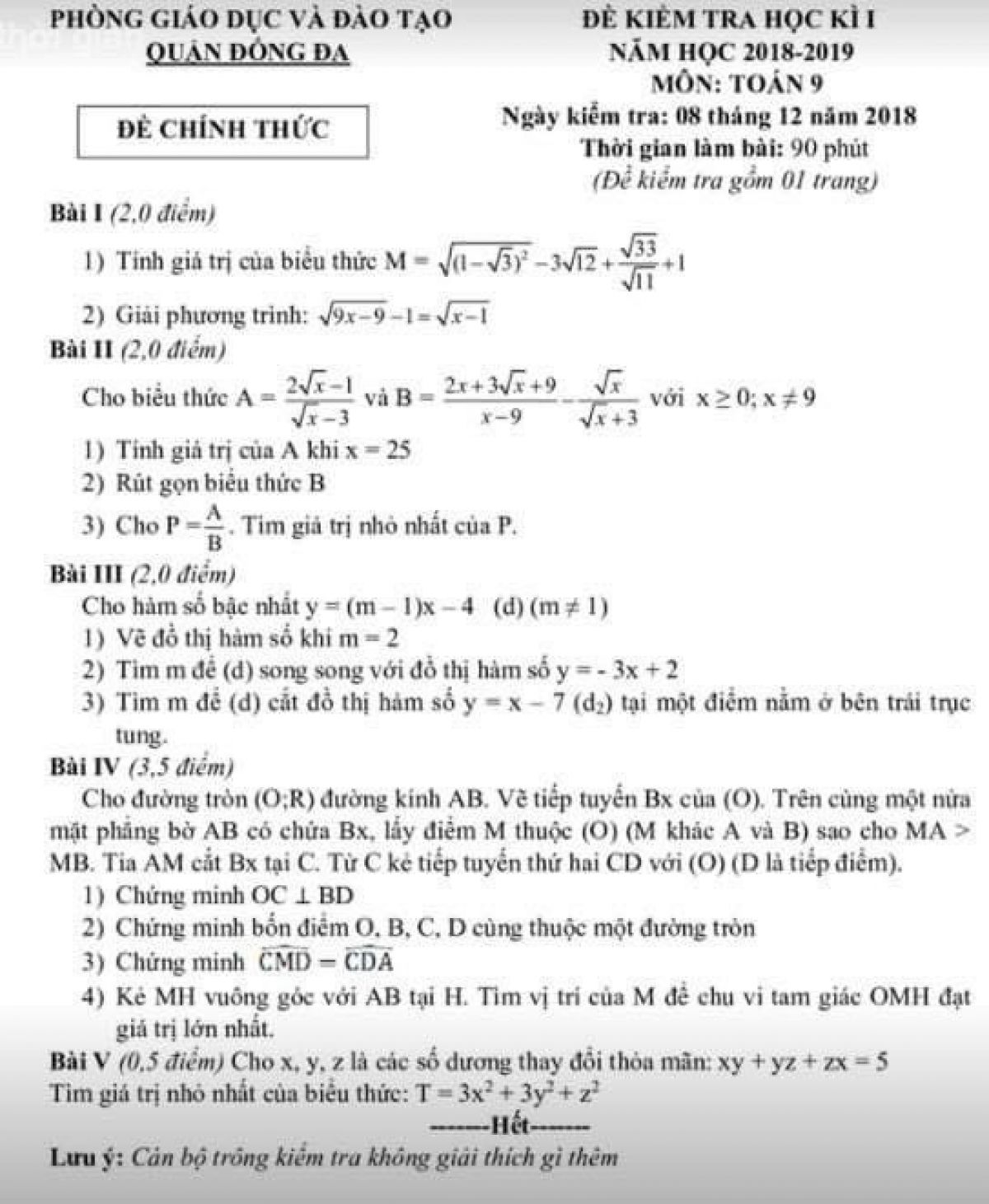 Đề kiểm tra học kì I môn Toán lớp 9 quận Đống Đa, Hà Nội năm 2018