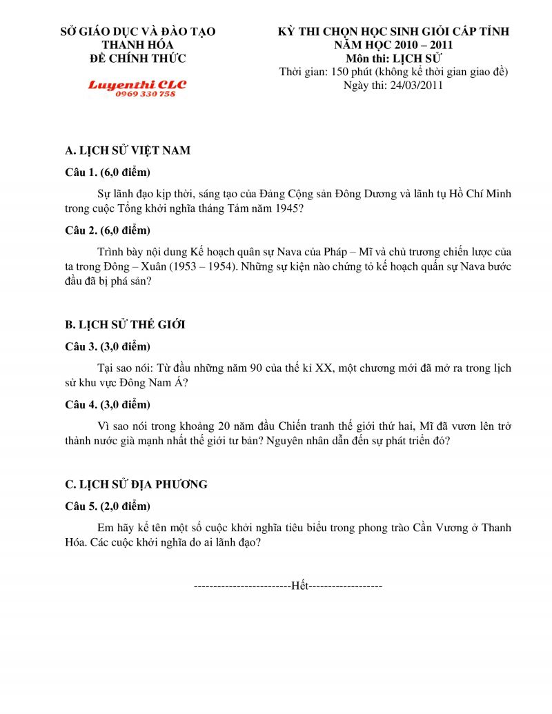 Đề thi chọn HSG môn Lịch Sử tỉnh Thanh Hóa năm 2011