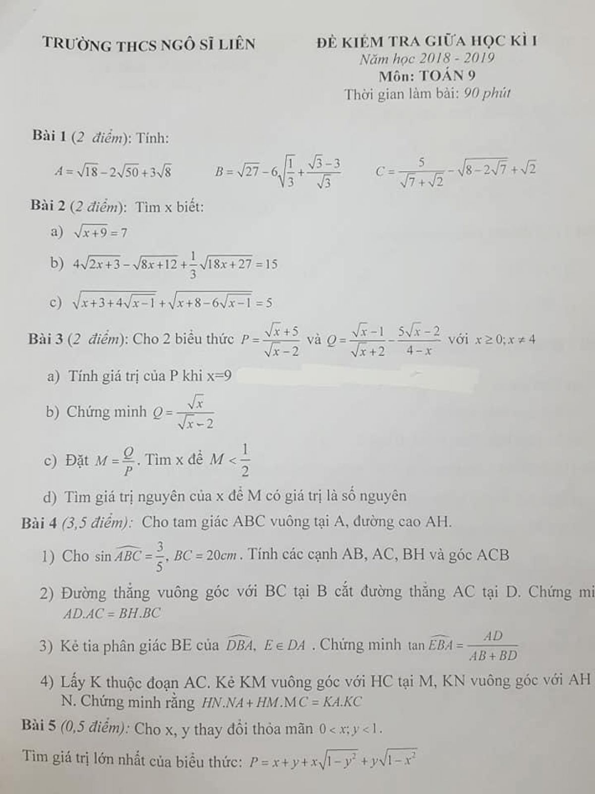Đề kiểm tra giữa học kì I môn Toán lớp 9 Trường THCS Ngô Sĩ Liên năm 2018