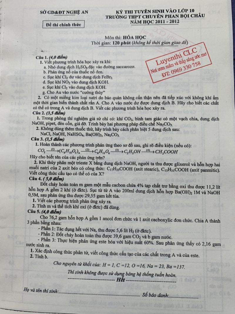 Đề thi tuyển sinh v&agrave;o lớp 10 THPT CHUY&Ecirc;N v&agrave; đ&aacute;p &aacute;n m&ocirc;n H&oacute;a Học Trường THPT CHUY&Ecirc;N Phan Bội Ch&acirc;u tỉnh Nghệ An năm 2012