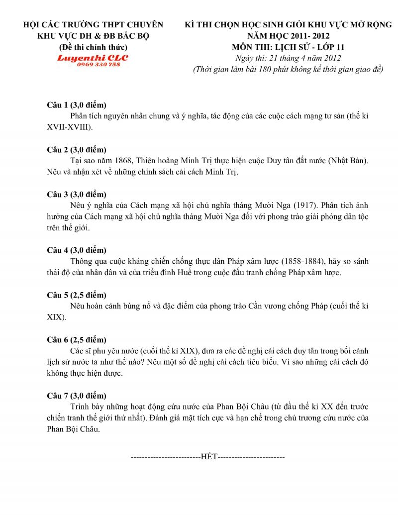 Đề thi chọn HSG m&ocirc;n Lịch Sử lớp 11 Trường THPT CHUY&Ecirc;N Khu vực Duy&ecirc;n hải &amp; ĐB Bắc Bộ năm 2012