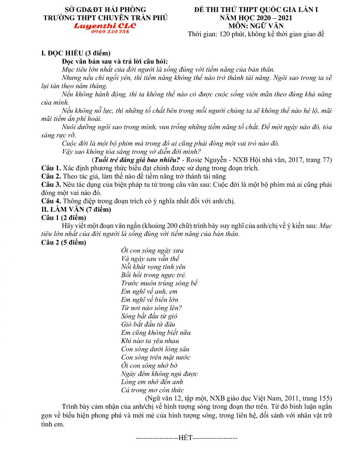 Đề thi thử THPT Quốc Gia lần 1 m&ocirc;n Ngữ Văn Trường THPT CHUY&Ecirc;N Trần Ph&uacute;, Hải Ph&ograve;ng năm 2021