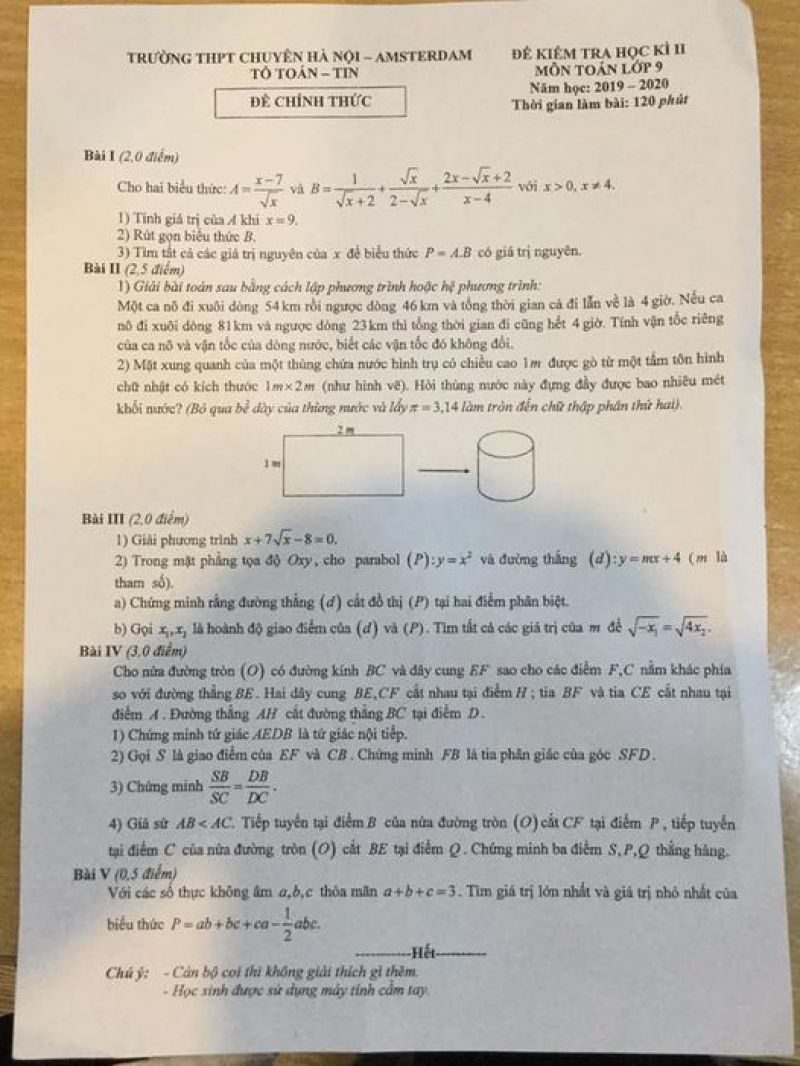 Đề kiểm tra chất lượng học kì II môn Toán lớp 9 Trường THPT CHUYÊN Hà Nội - Amsterdam năm 2019