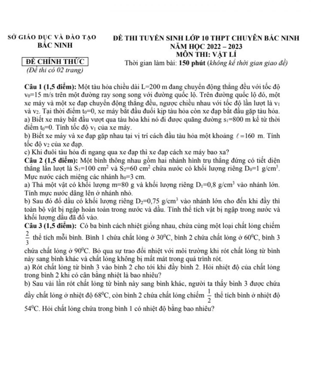 Đề thi tuyển sinh vào lớp 10 môn Vật Lí Trường THPT Chuyên Bắc Ninh năm 2022
