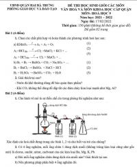 Đề thi chọn HSG môn Hóa Học lớp 9 quận Hai Bà Trưng, Hà Nội năm 2022