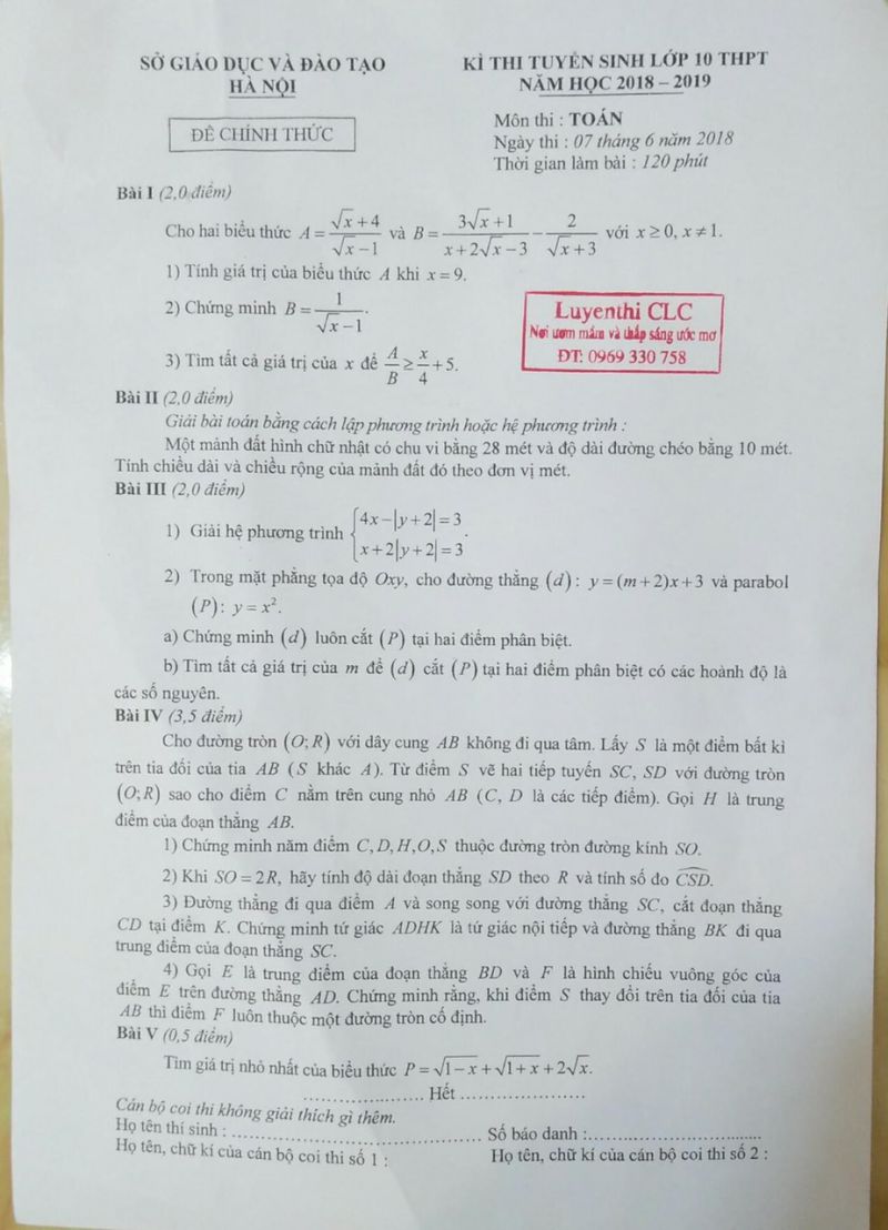 Đề thi tuyển sinh vào lớp 10 THPT môn Toán tại Hà Nội năm 2018
