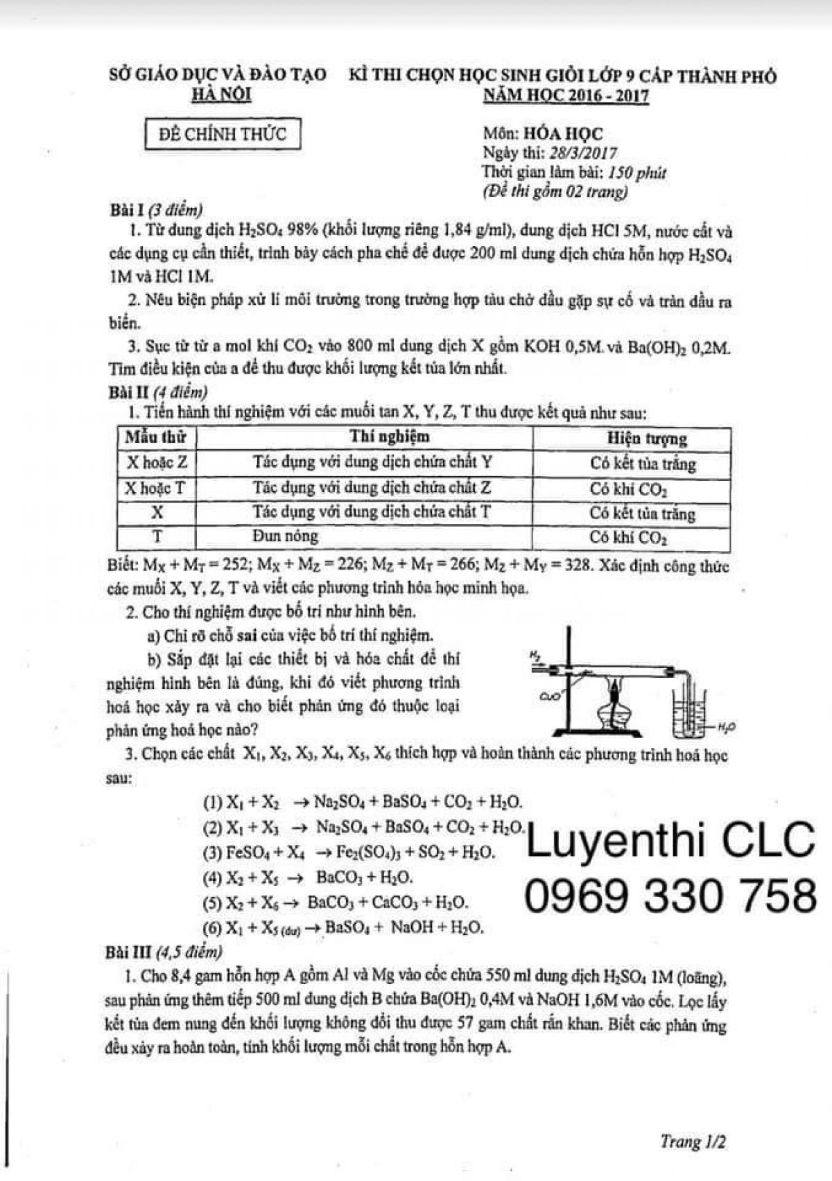 Đề thi chọn HSG lớp 9 cấp thành phố môn Hóa  Học tại Hà Nội năm 2017