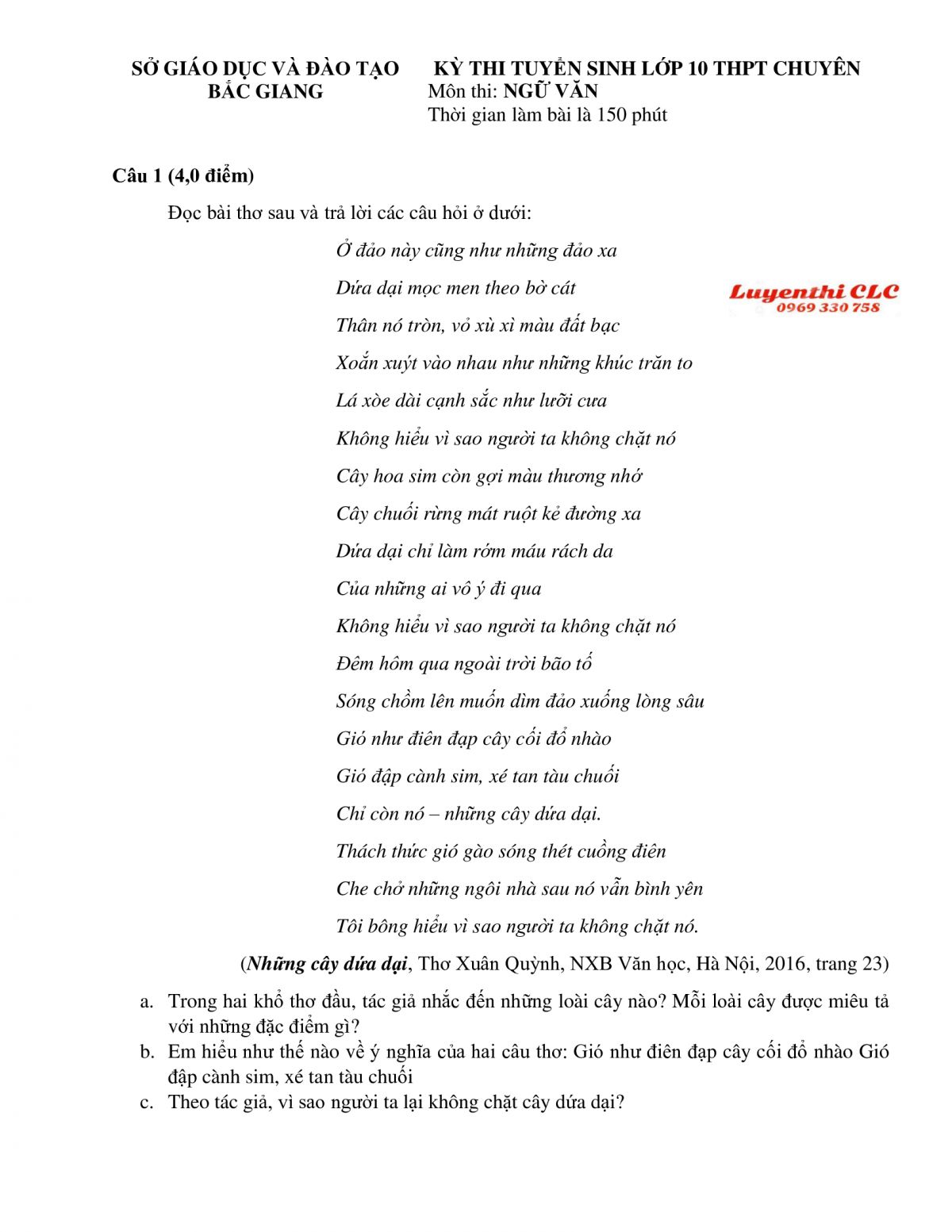 Đề thi tuyển sinh v&agrave;o lớp 10 THPT CHUY&Ecirc;N m&ocirc;n Ngữ Văn tỉnh Bắc Giang năm 2019