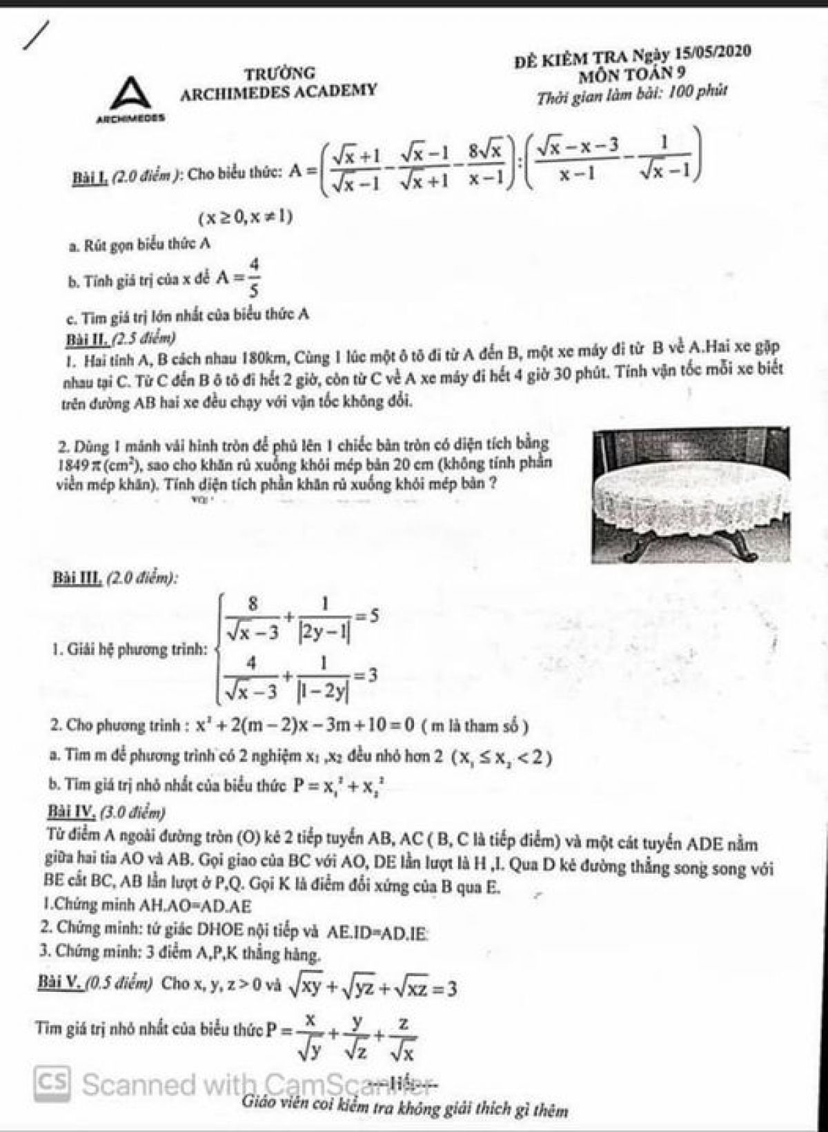 Đề kiểm tra m&ocirc;n To&aacute;n 9 Trường Archimedes Academy, ng&agrave;y 15/05/2020