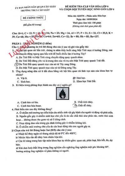 Đề kiểm tra CLB văn hoá lớp 9 và chọn đội tuyển HSG lớp 9 môn KHTN- Phân môn hóa học - THCS Cầu Giấy năm 2024