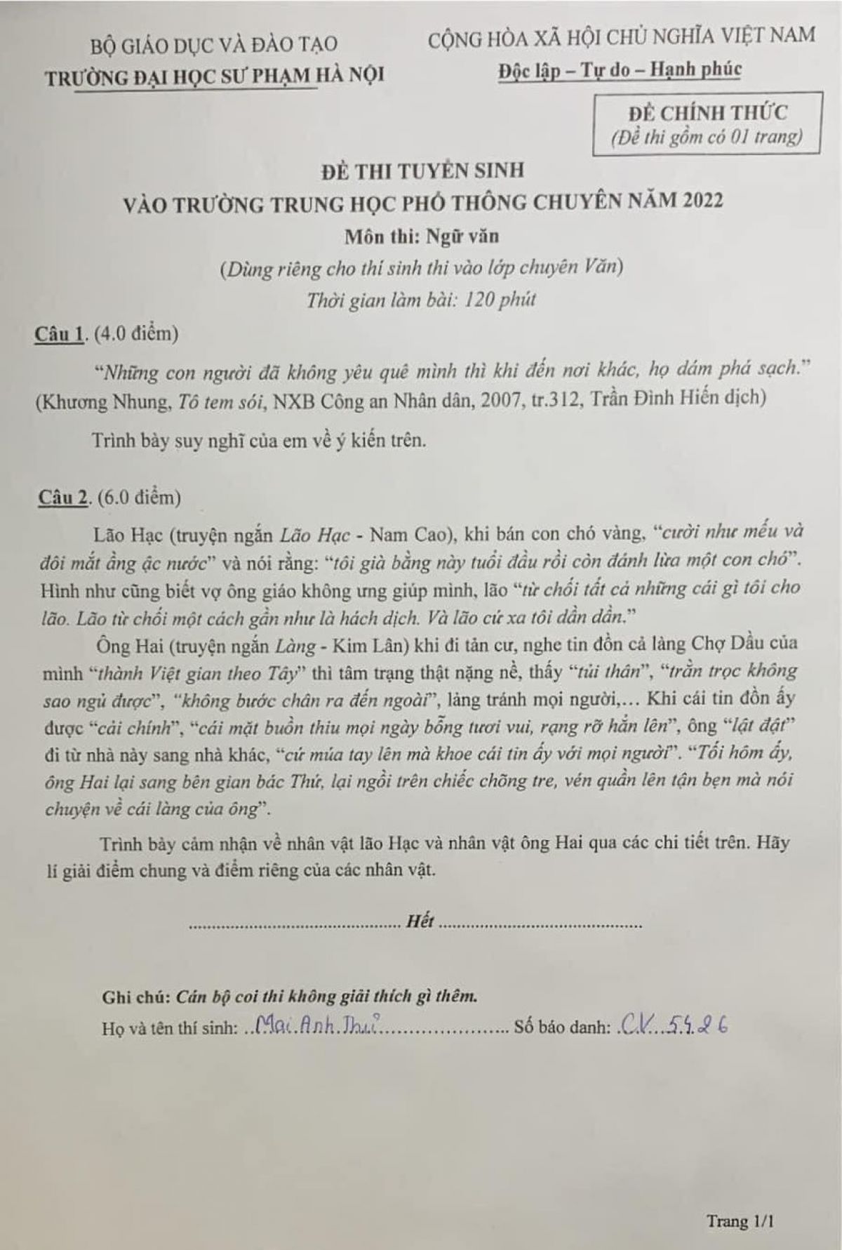 Đề thi tuyển sinh vào lớp 10 môn Ngữ Văn Trường THPT CHUYÊN Đại học Sư phạm Hà Nội năm 2022