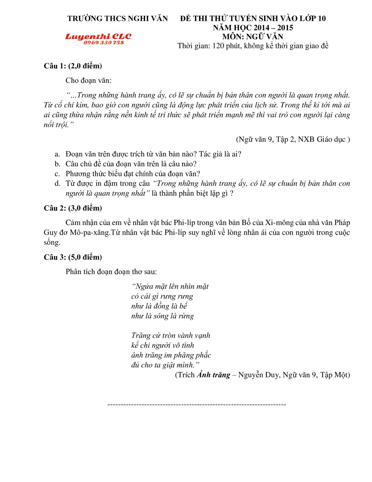 Đề thi thử tuyển sinh v&agrave;o lớp 10 m&ocirc;n Ngữ Văn Trường THCS Nghi Văn, tỉnh Nghệ An năm 2015