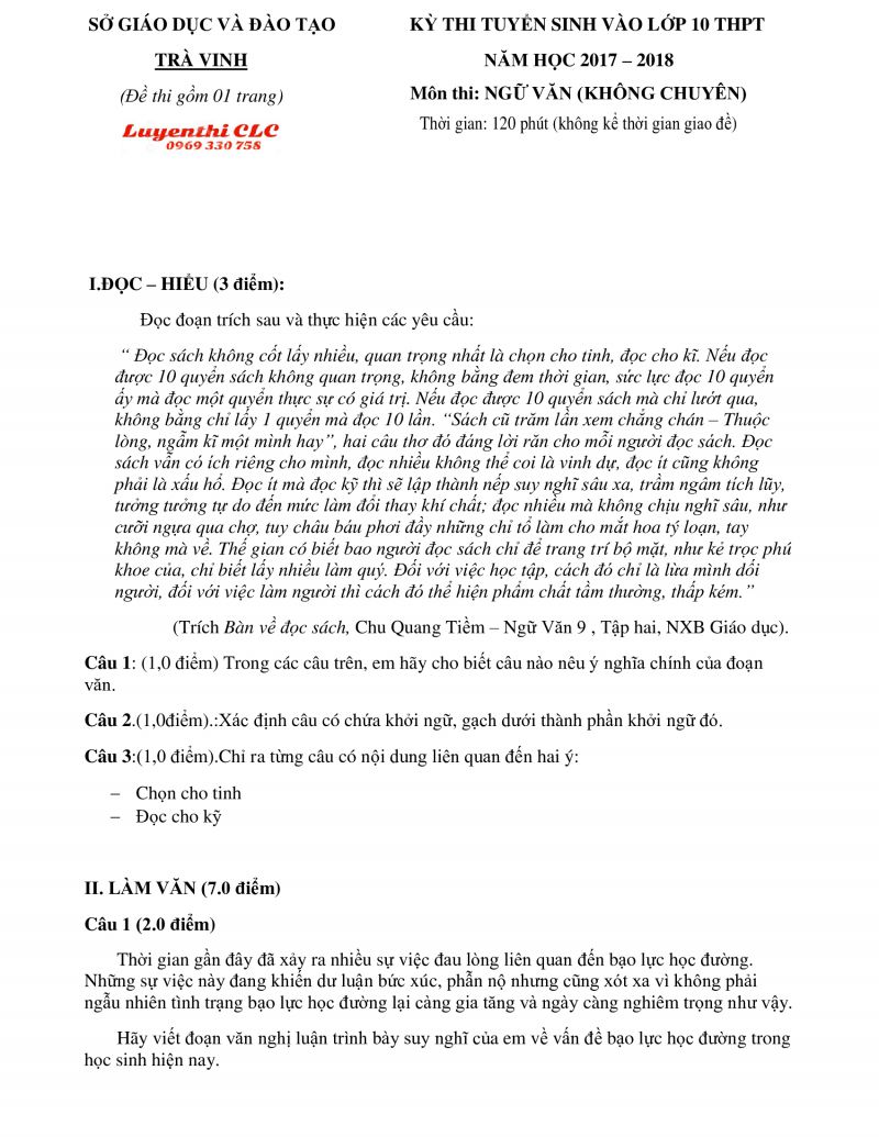 Đề thi tuyển sinh v&agrave;o lớp 10 THPT m&ocirc;n Ngữ Văn tỉnh Tr&agrave; Vinh năm 2017