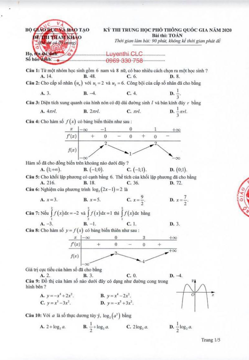 ĐỀ THI MINH HỌA THPTQG 2020 MÔN TOÁN - BỘ GIÁO DỤC VÀ ĐÀO TẠO NĂM 2020