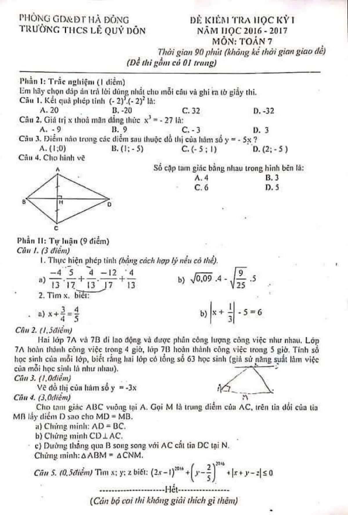Đề kiểm tra học k&igrave; I m&ocirc;n To&aacute;n lớp 7 Trường THCS L&ecirc; Q&uacute;y Đ&ocirc;n năm 2016
