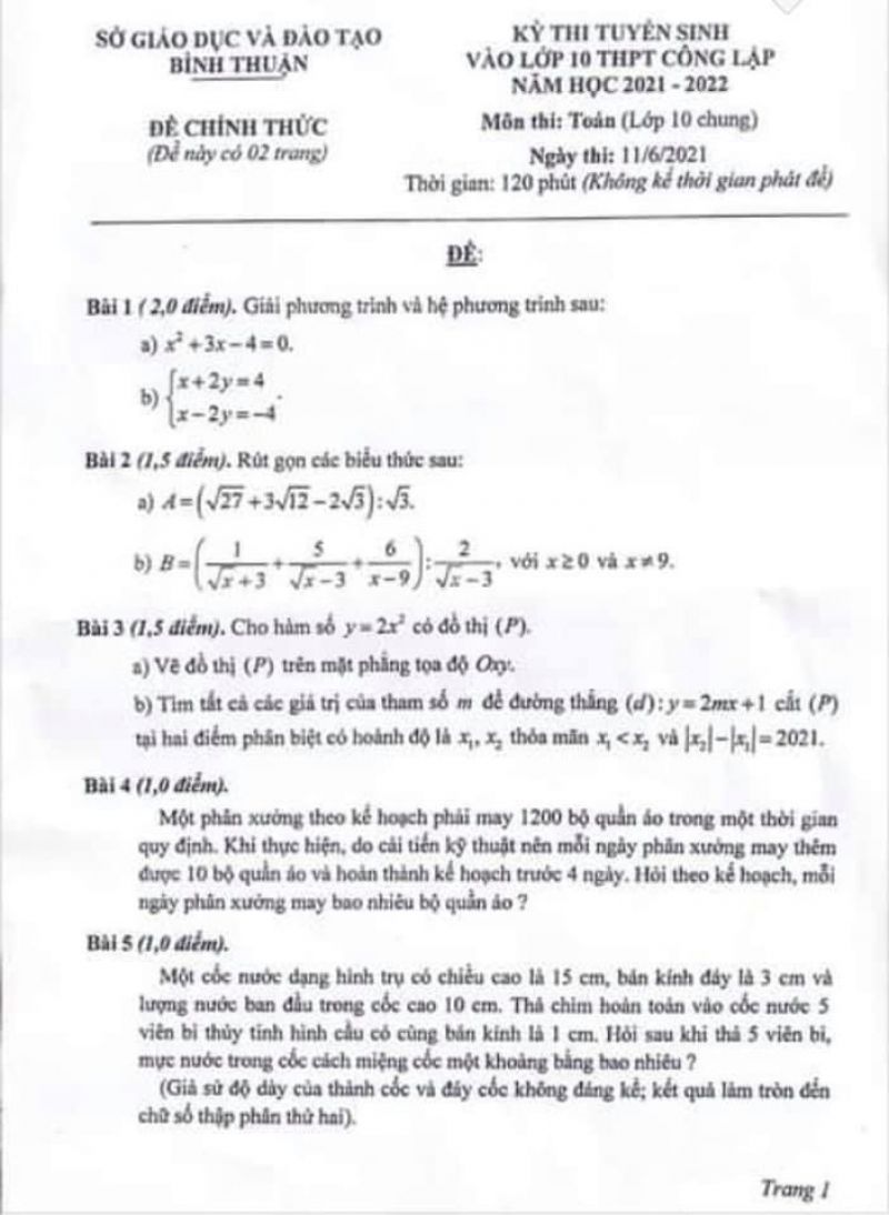 Đề thi tuyển sinh v&agrave;o lớp 10 THPT m&ocirc;n To&aacute;n tỉnh B&igrave;nh Thuận năm 2021