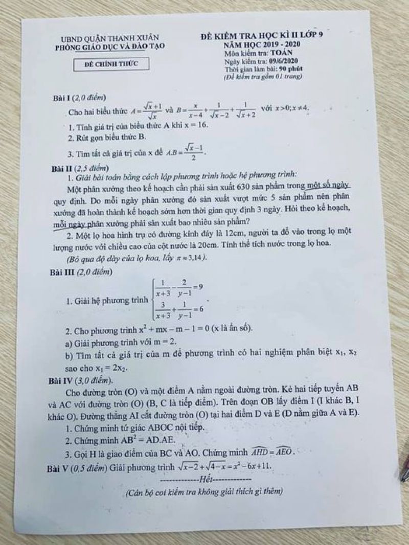 Đề kiểm tra chất lượng học kì II môn Toán lớp 9 Quận Thanh Xuân, ngày 09/06/2020