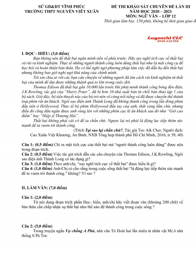 Đề thi khảo s&aacute;t chuy&ecirc;n đề lần III m&ocirc;n Ngữ Văn lớp 12 Trường THPT Nguyễn Viết Xu&acirc;n tỉnh Vĩnh Ph&uacute;c năm 2021
