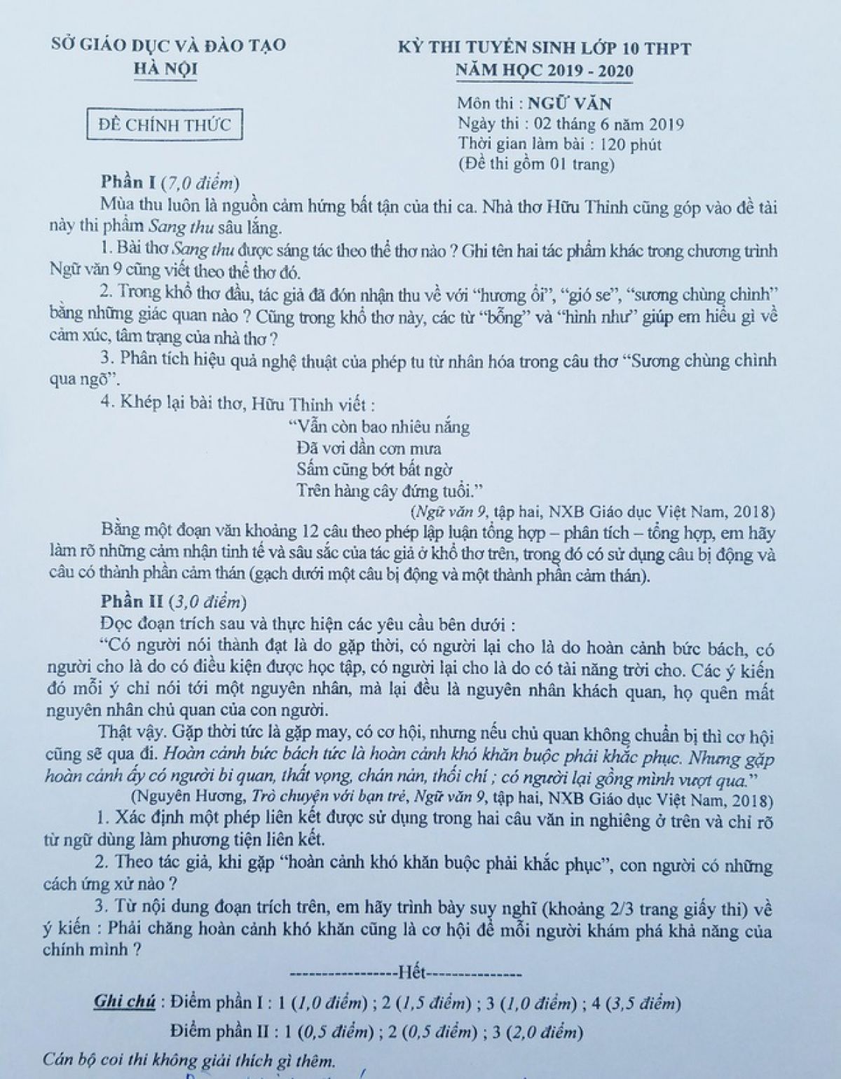 Đề thi tuyển sinh vào lớp 10 THPT môn Ngữ Văn tại Hà Nội ngày 02/6/2019