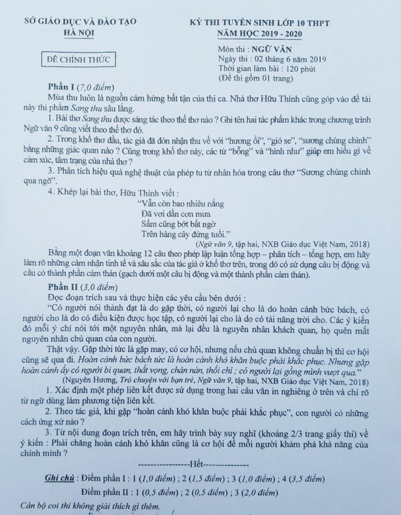Đề thi tuyển sinh v&agrave;o lớp 10 THPT m&ocirc;n Ngữ Văn tại H&agrave; Nội ng&agrave;y 02/6/2019