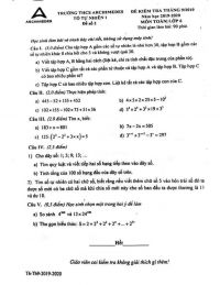 Đề kiểm tra tháng 9 - đề số 2 môn Toán lớp 6 Trường THCS Archimedes năm 2019