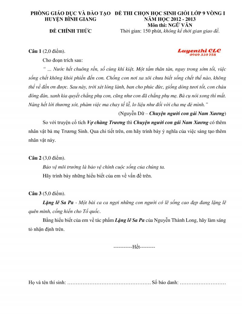 Đề thi chọn HSG lớp 9 v&ograve;ng 1 m&ocirc;n Ngữ Văn huyện B&igrave;nh Giang, tỉnh Hải Dương năm 2012
