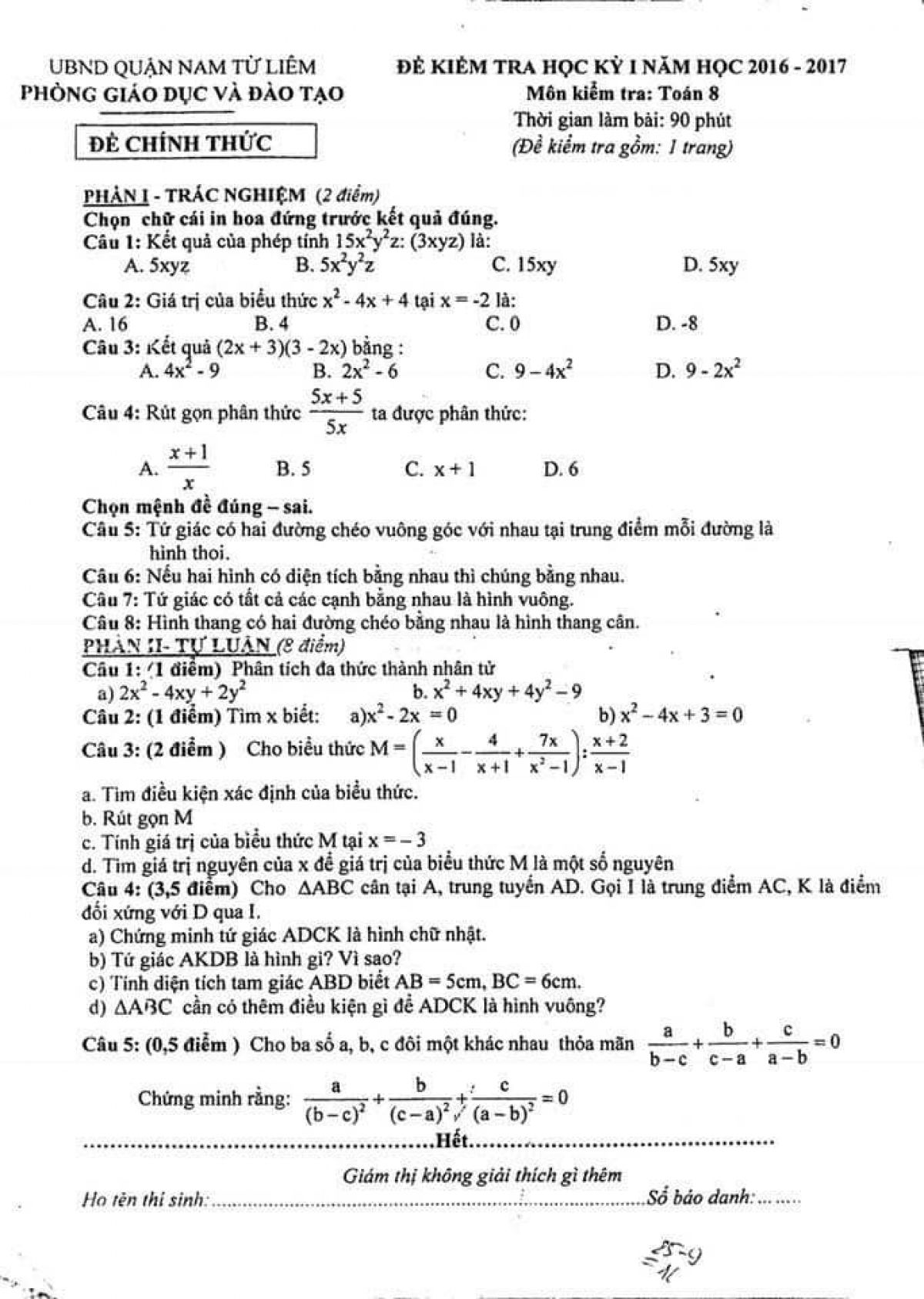 Đề kiểm tra học k&igrave; I m&ocirc;n To&aacute;n 8 quận Nam Từ Li&ecirc;m năm 2016