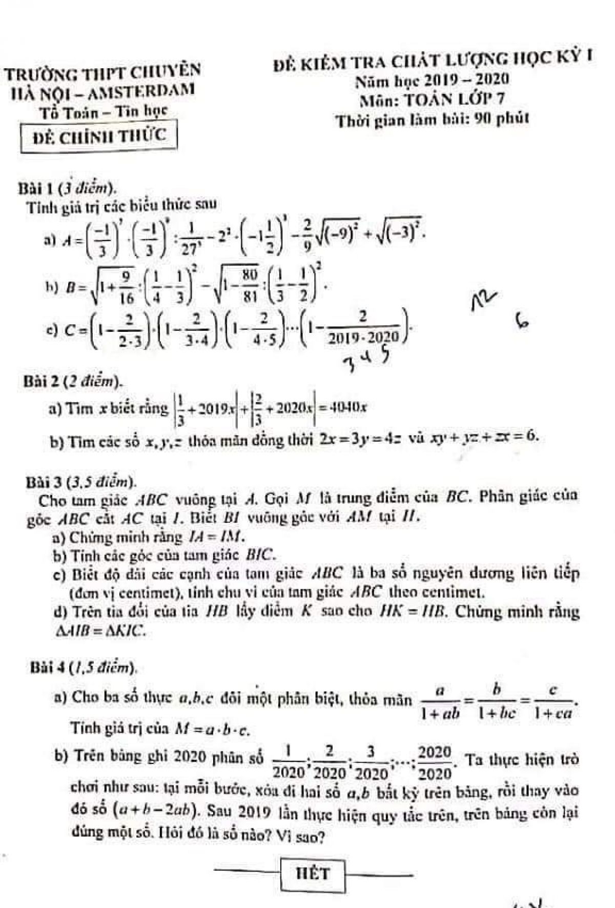 Đề kiểm tra chất lượng học k&igrave; I m&ocirc;n To&aacute;n lớp 7 Trường THPT CHUY&Ecirc;N H&agrave; Nội - Amsterdam năm 2019