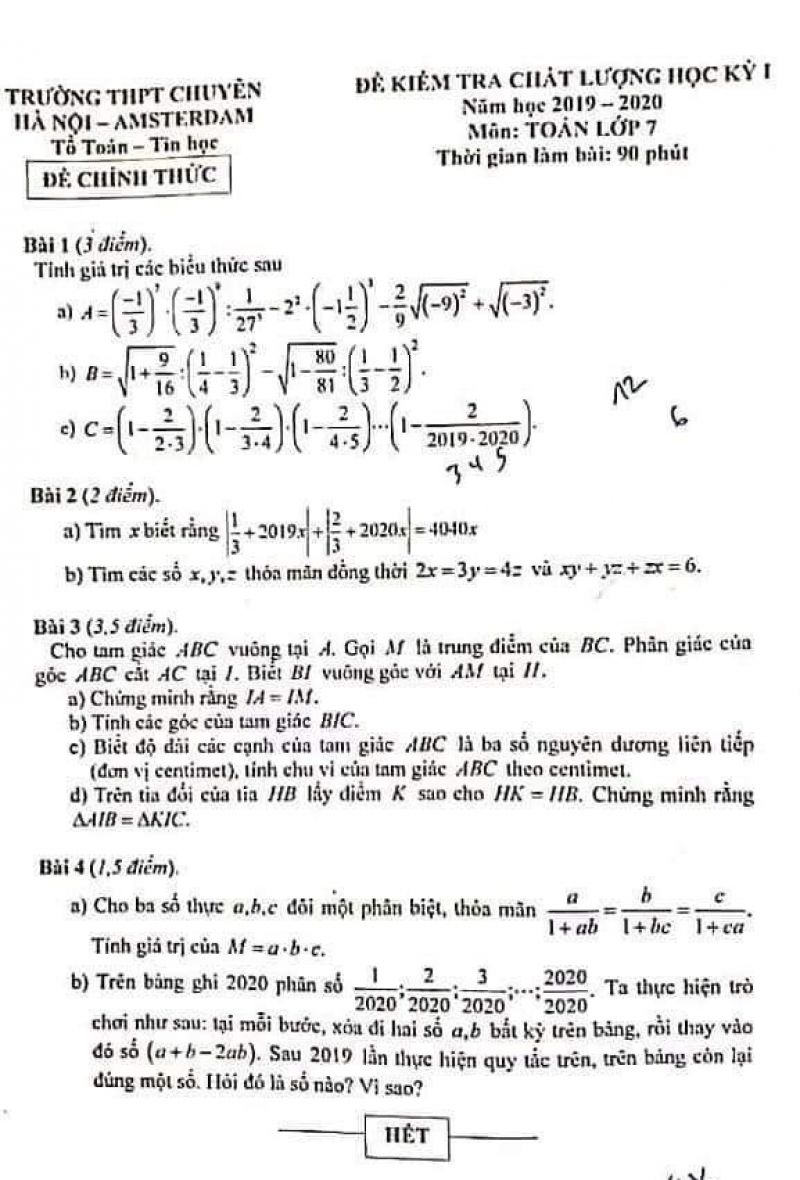 Đề kiểm tra chất lượng học kì I môn Toán lớp 7 Trường THPT CHUYÊN Hà Nội - Amsterdam năm 2019