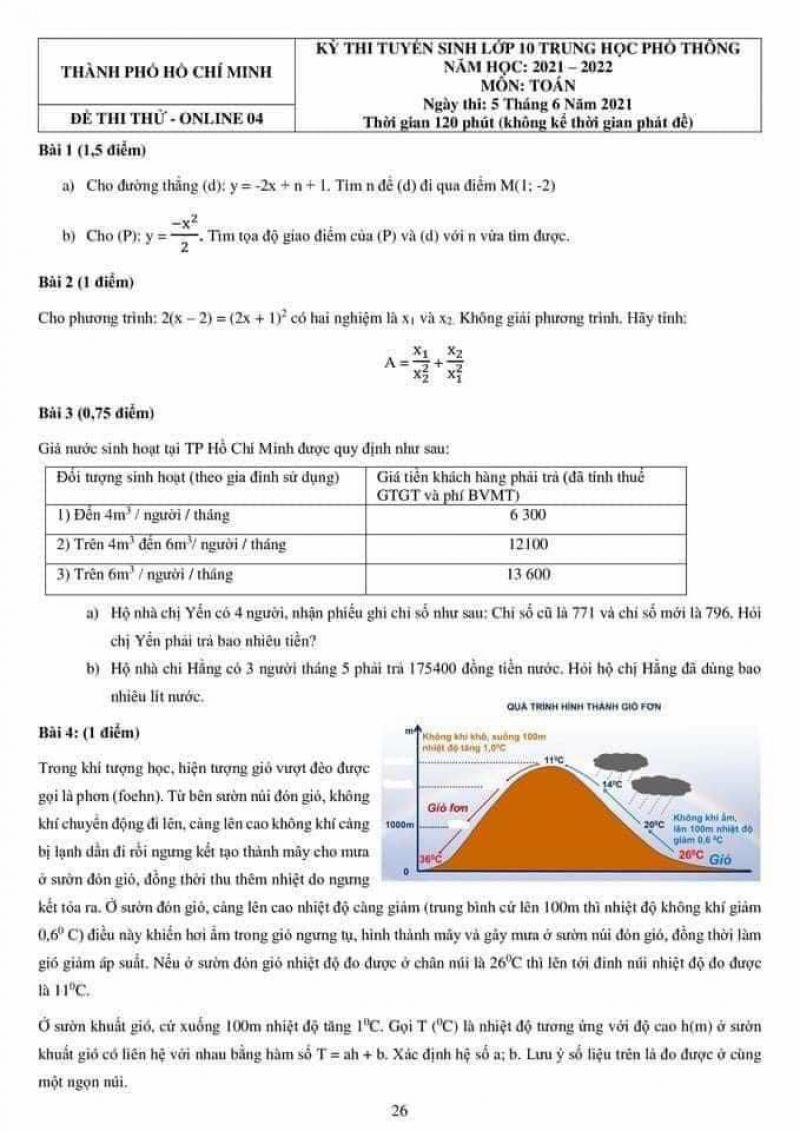 Đề thi thử tuyển sinh vào lớp 10 THPT môn Toán tại Thành phố Hồ Chí Minh năm 2021- Đề số 04