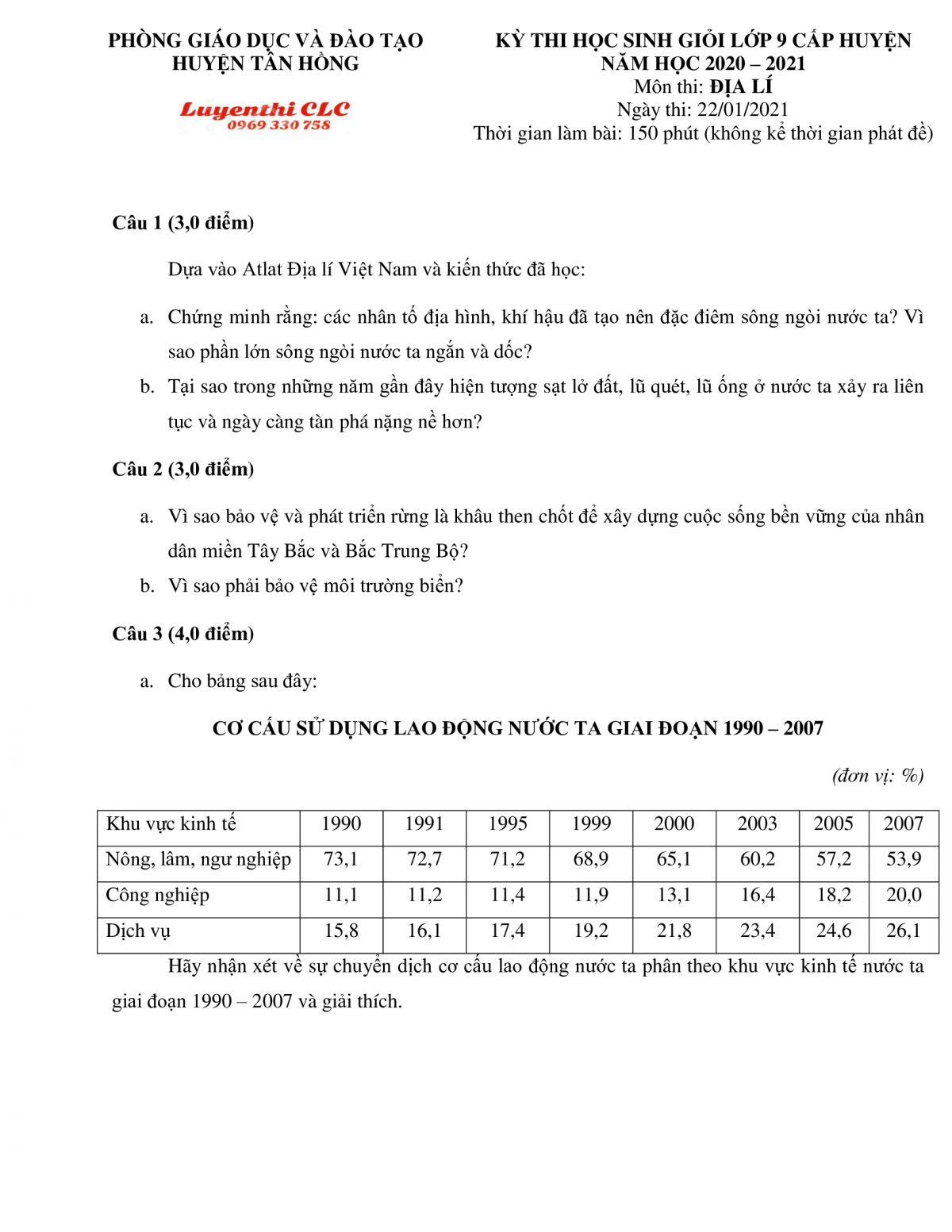 Đề thi chọn HSG lớp 9 m&ocirc;n Địa L&yacute; huyện T&acirc;n Hồng tỉnh Đồng Th&aacute;p năm 2021