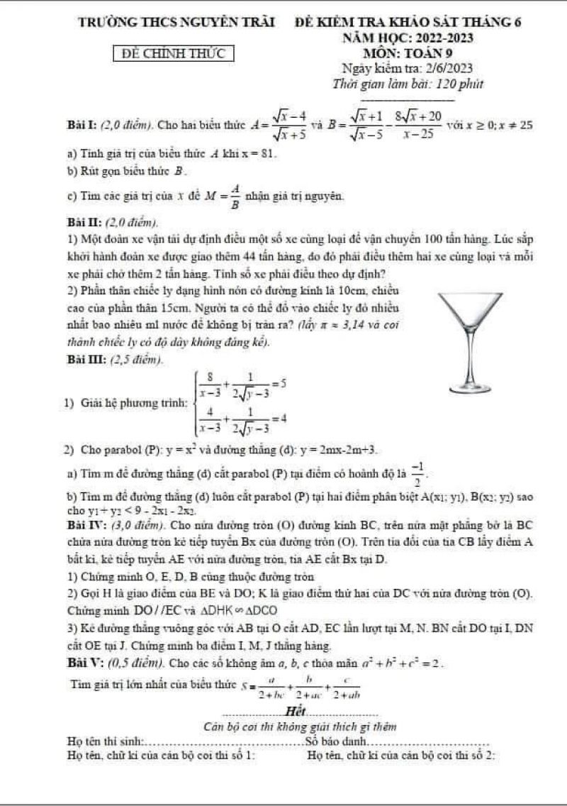 Đề kiểm tra khảo sát tháng 6 môn Toán lớp 9 Trường THCS Nguyễn Trãi năm 2023