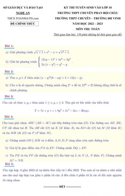 Đề thi tuyển sinh vào lớp 10 Trường THPT CHUYÊN Phan Bội Châu, Trường THPT CHUYÊN Đại học Vinh môn Toán tỉnh Nghệ An năm 2022